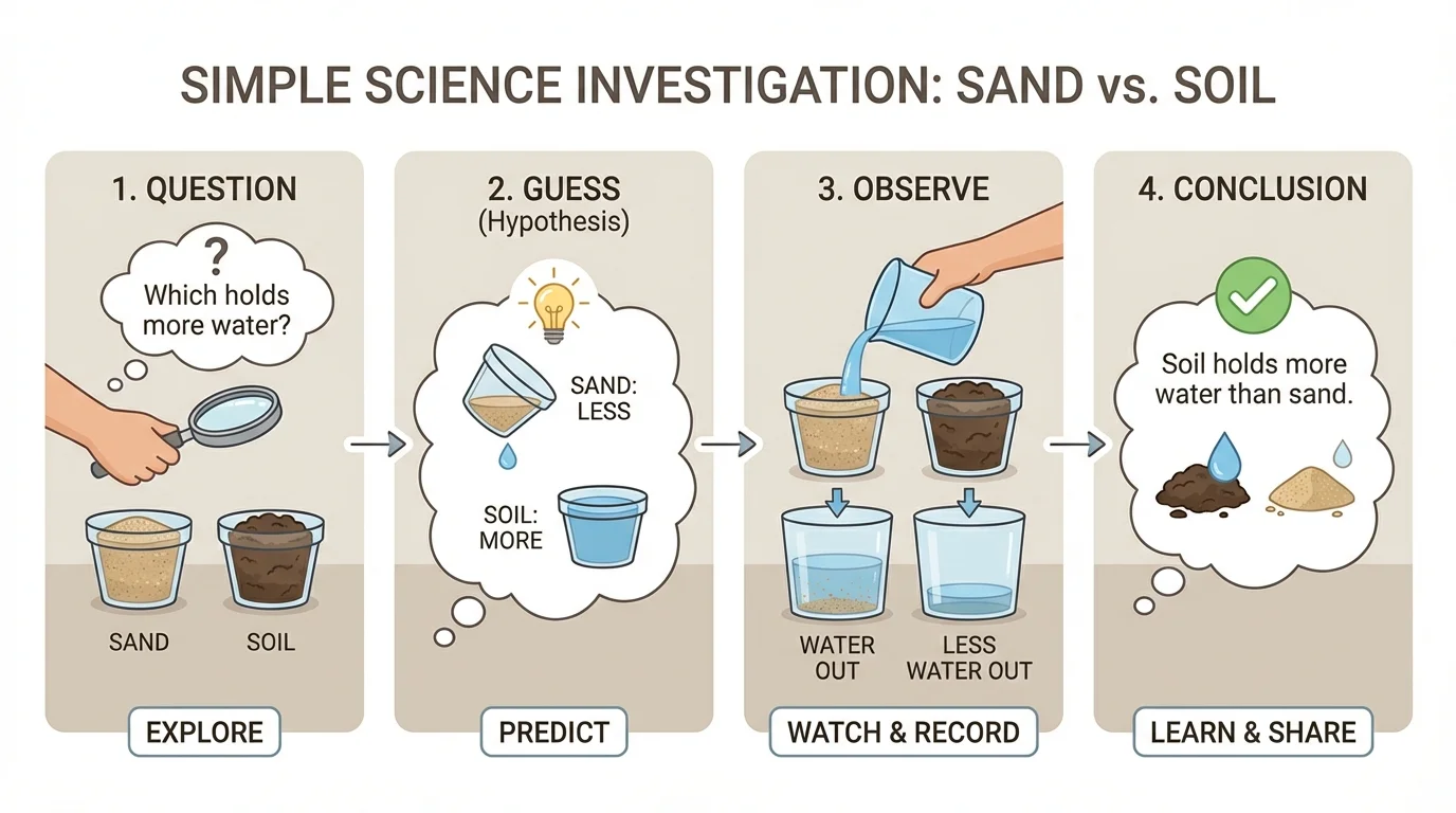 child-friendly science sequence with question about sand and soil, then guess, observe, and conclusion in simple labeled steps