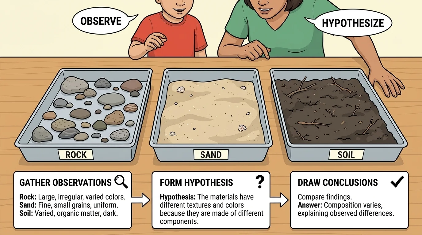 trays with rock, sand, and soil; child with adult supervision noticing color, grain size, and texture by sight and gentle touch