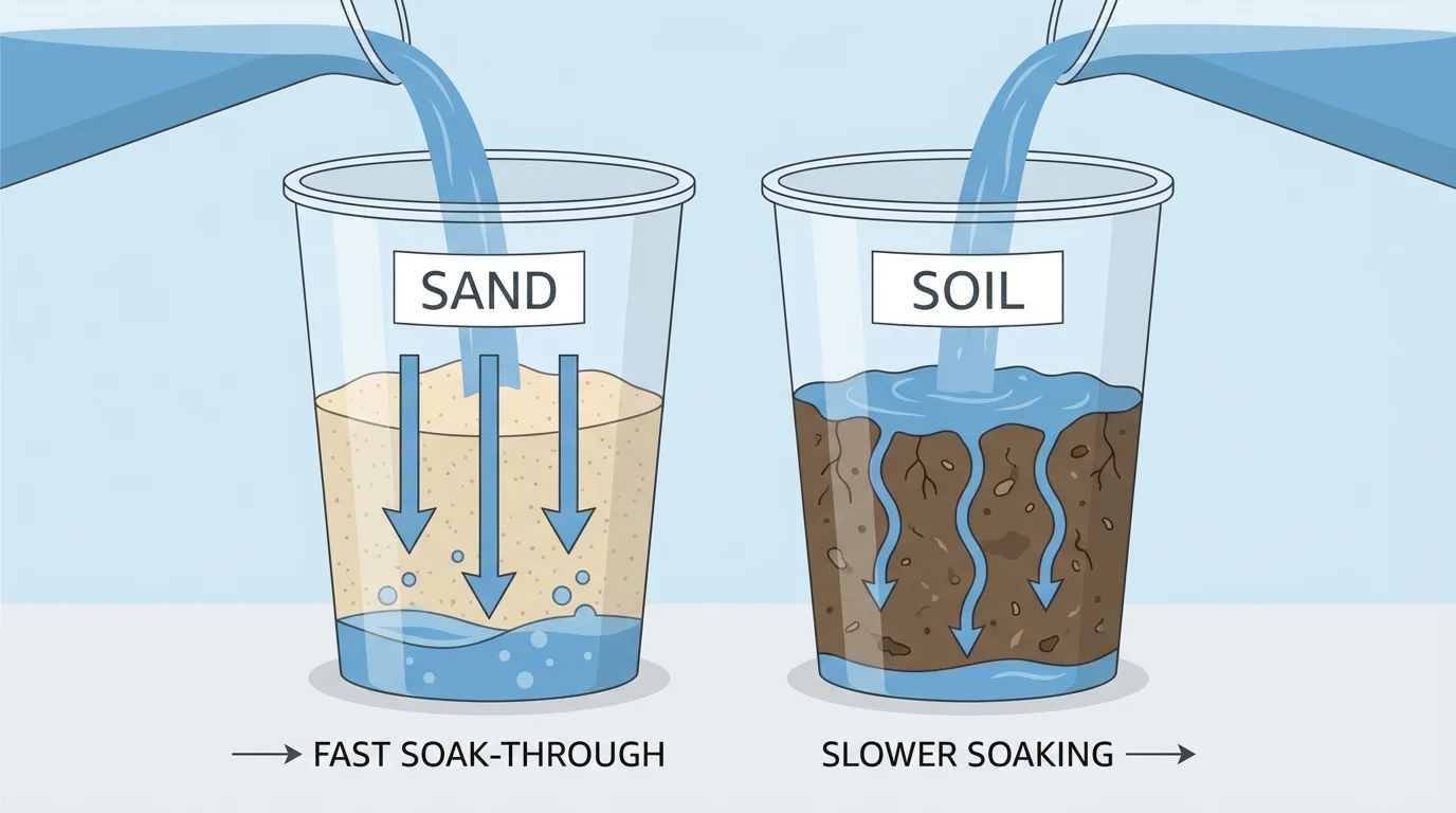 two clear cups labeled sand and soil with equal water poured in, arrows showing fast soak-through in sand and slower soaking in soil