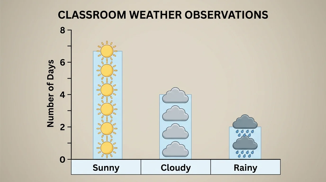classroom weather graph with sunny, cloudy, and rainy columns made from simple picture symbols, showing more sunny days than rainy days