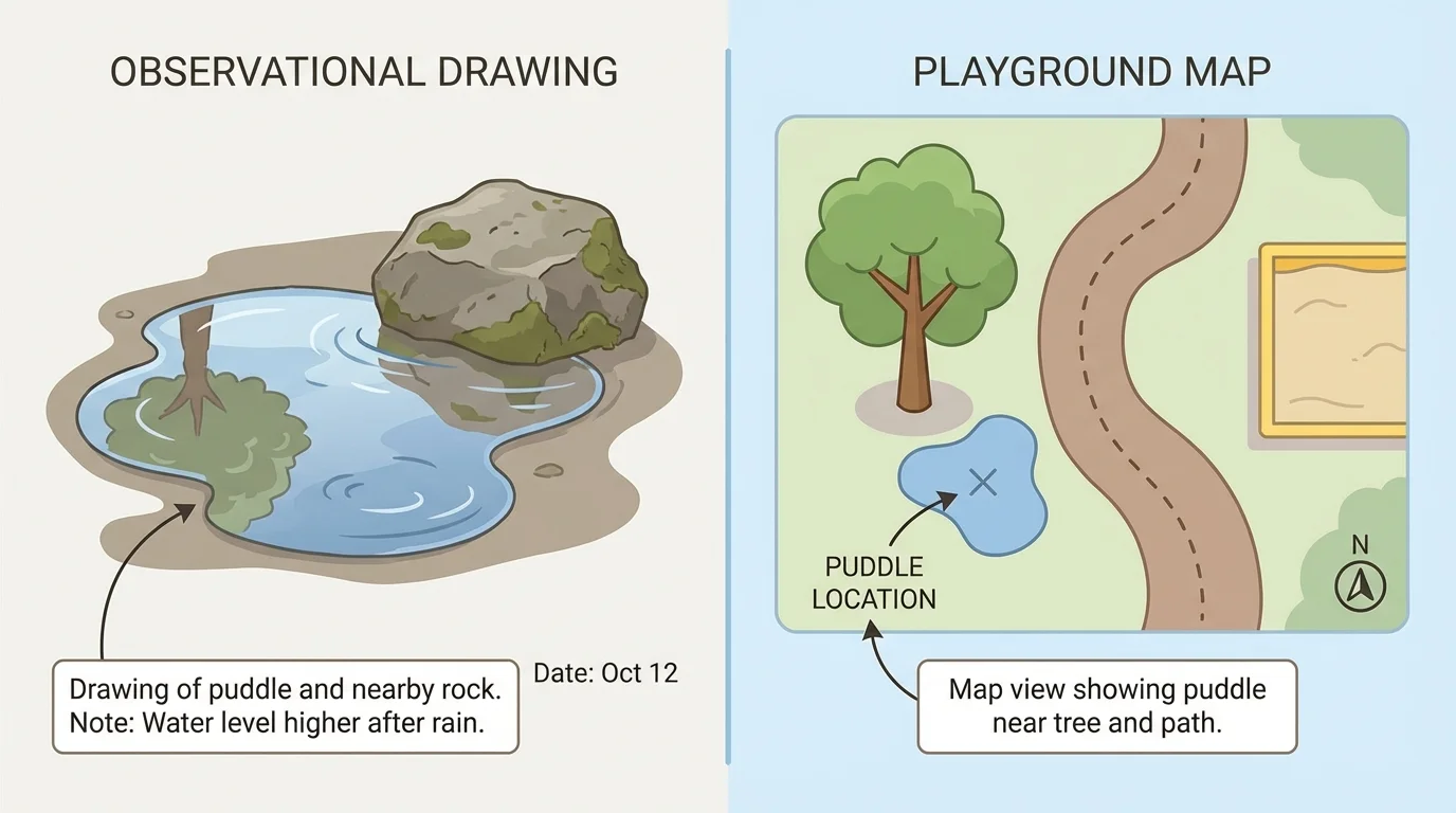 split view with a drawing of a puddle and nearby rock on one side and a simple playground map from above marking the puddle near a tree and path on the other