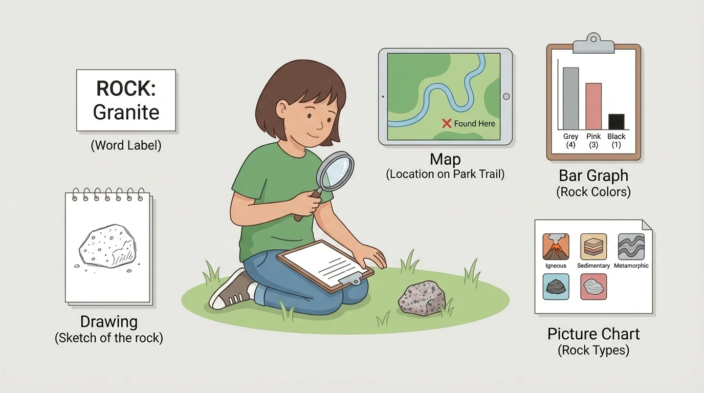 child observing a rock and recording it with a word label, drawing of the rock, simple map showing where it was found, a small bar graph of rock colors, and a picture chart of rock types