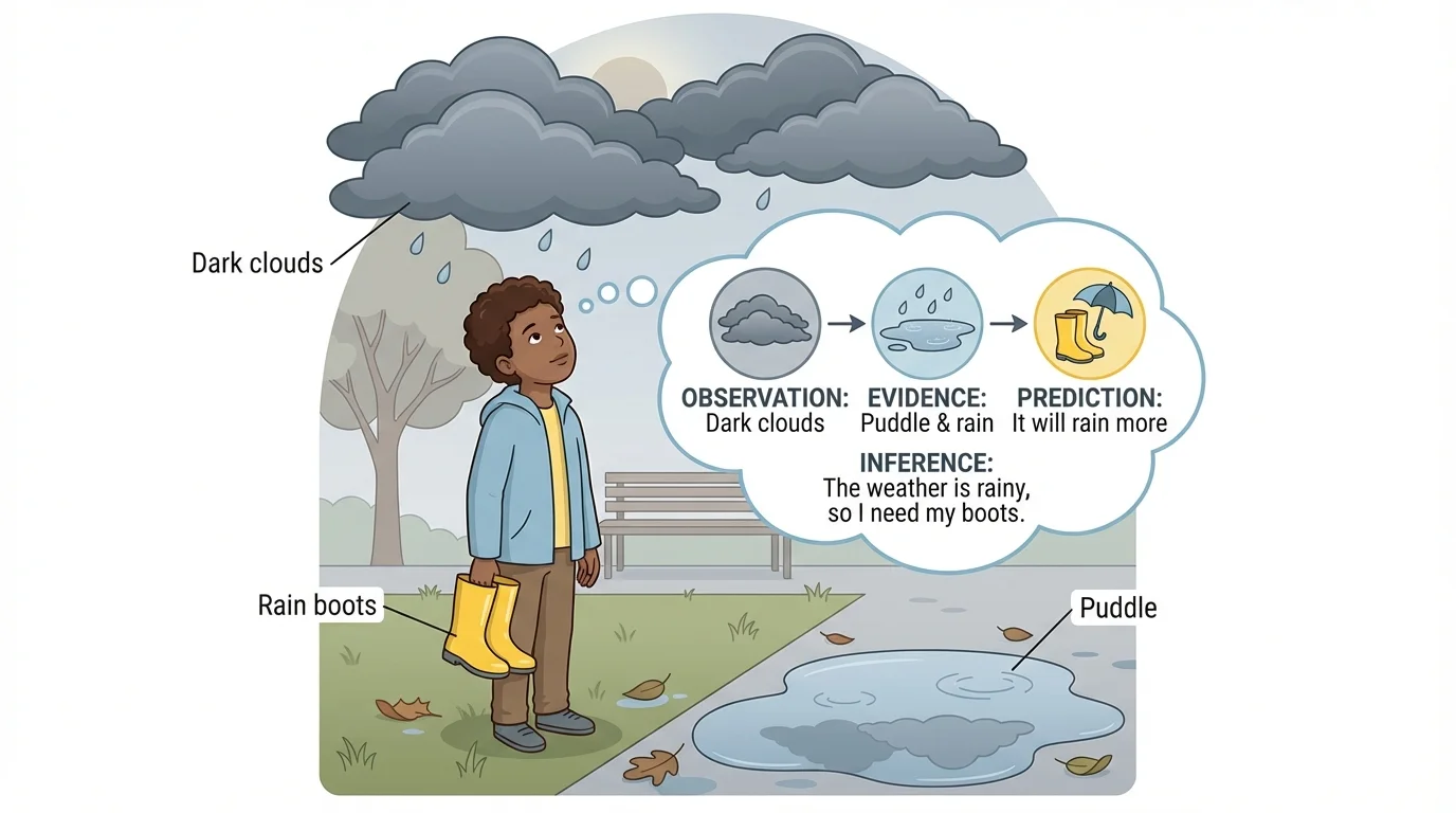 child outside noticing dark clouds and a puddle on the ground, holding rain boots and looking upward