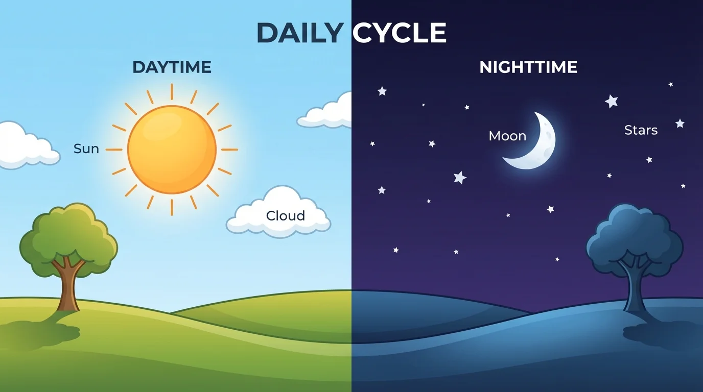 split scene with bright sun in a blue daytime sky on one side and moon with stars in a dark nighttime sky on the other