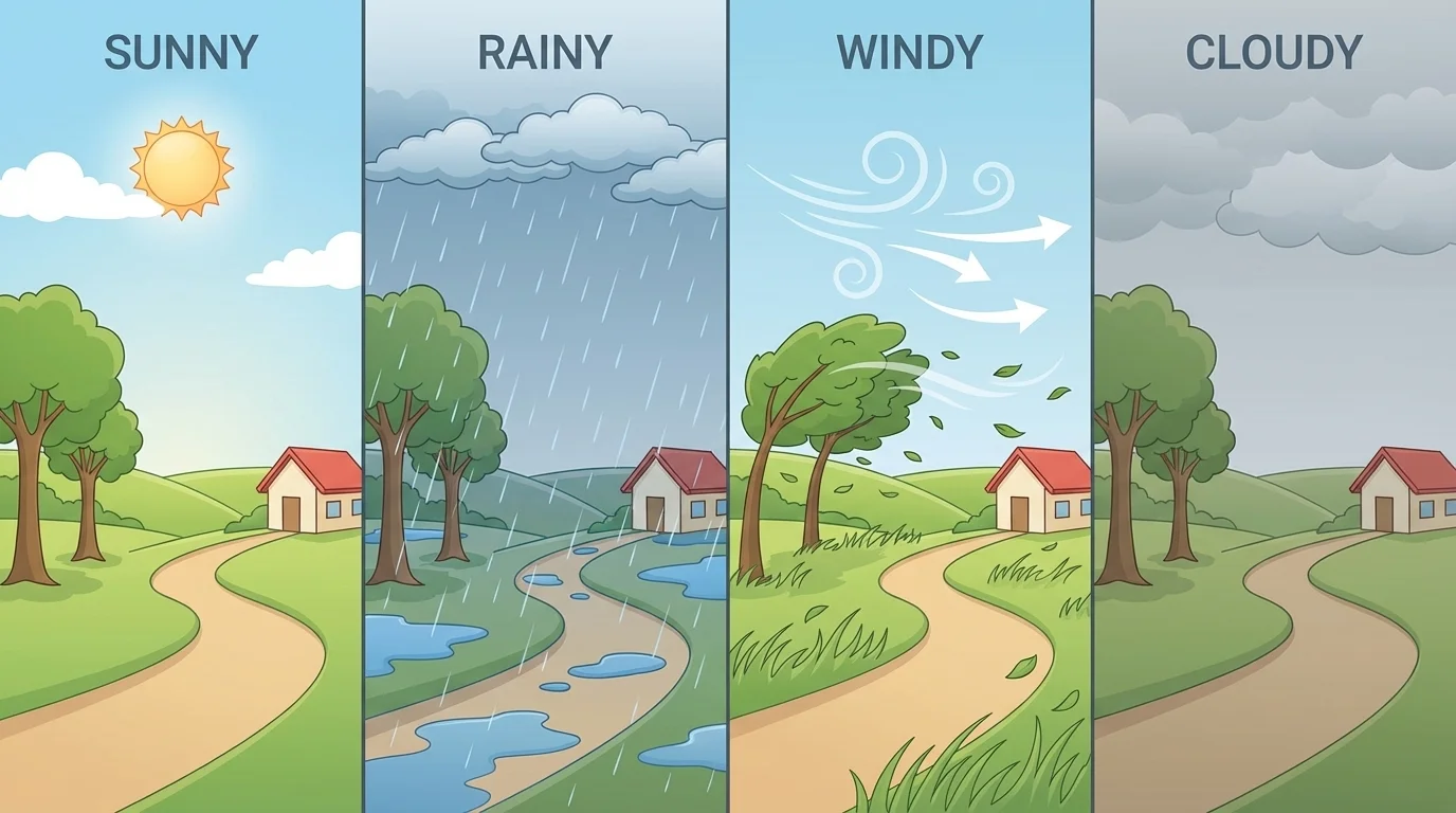 four-part outdoor scene showing sunny weather, rainy weather with puddles, windy weather moving leaves, and cloudy weather covering the sky