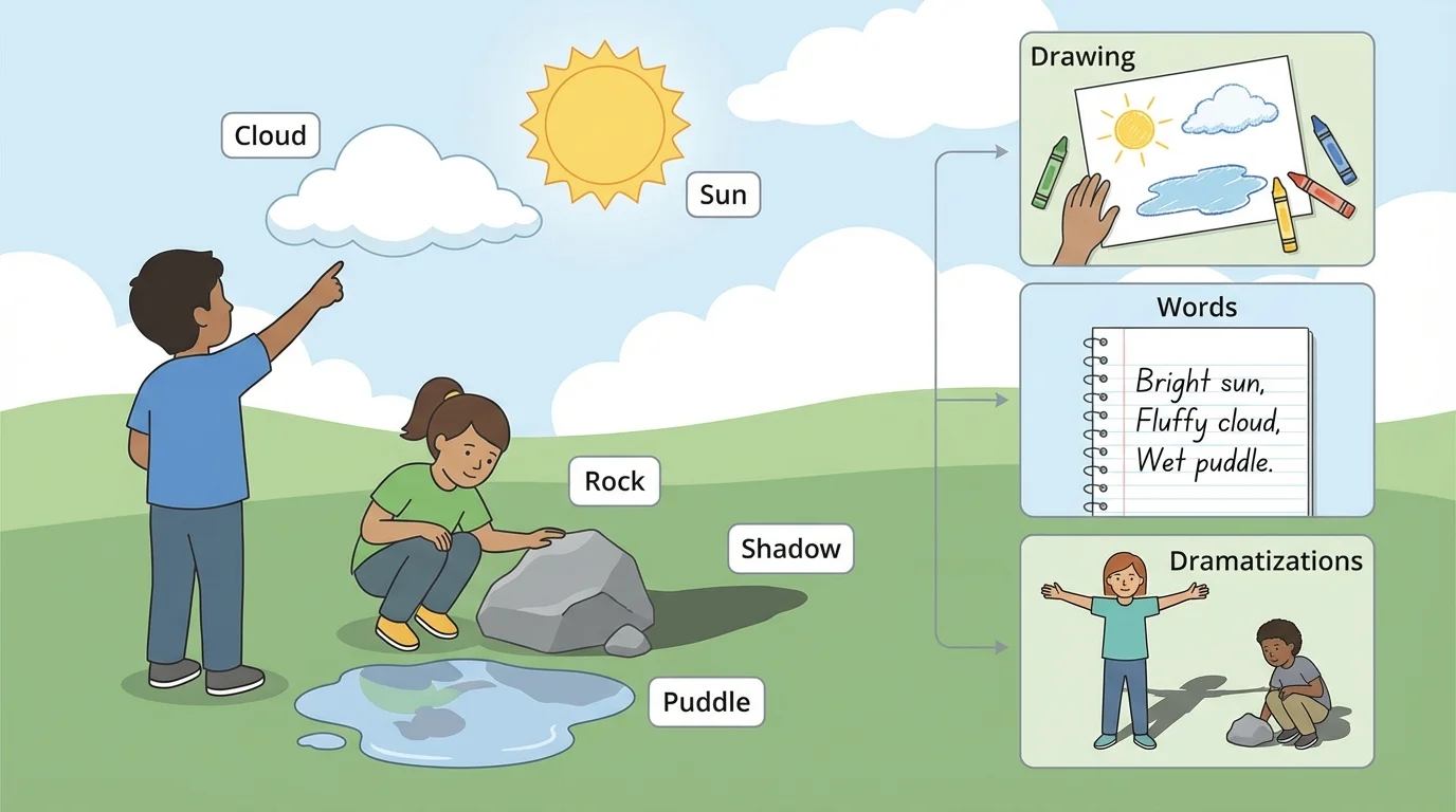 children outside noticing clouds, sun, puddle, rock, and shadow with simple labels