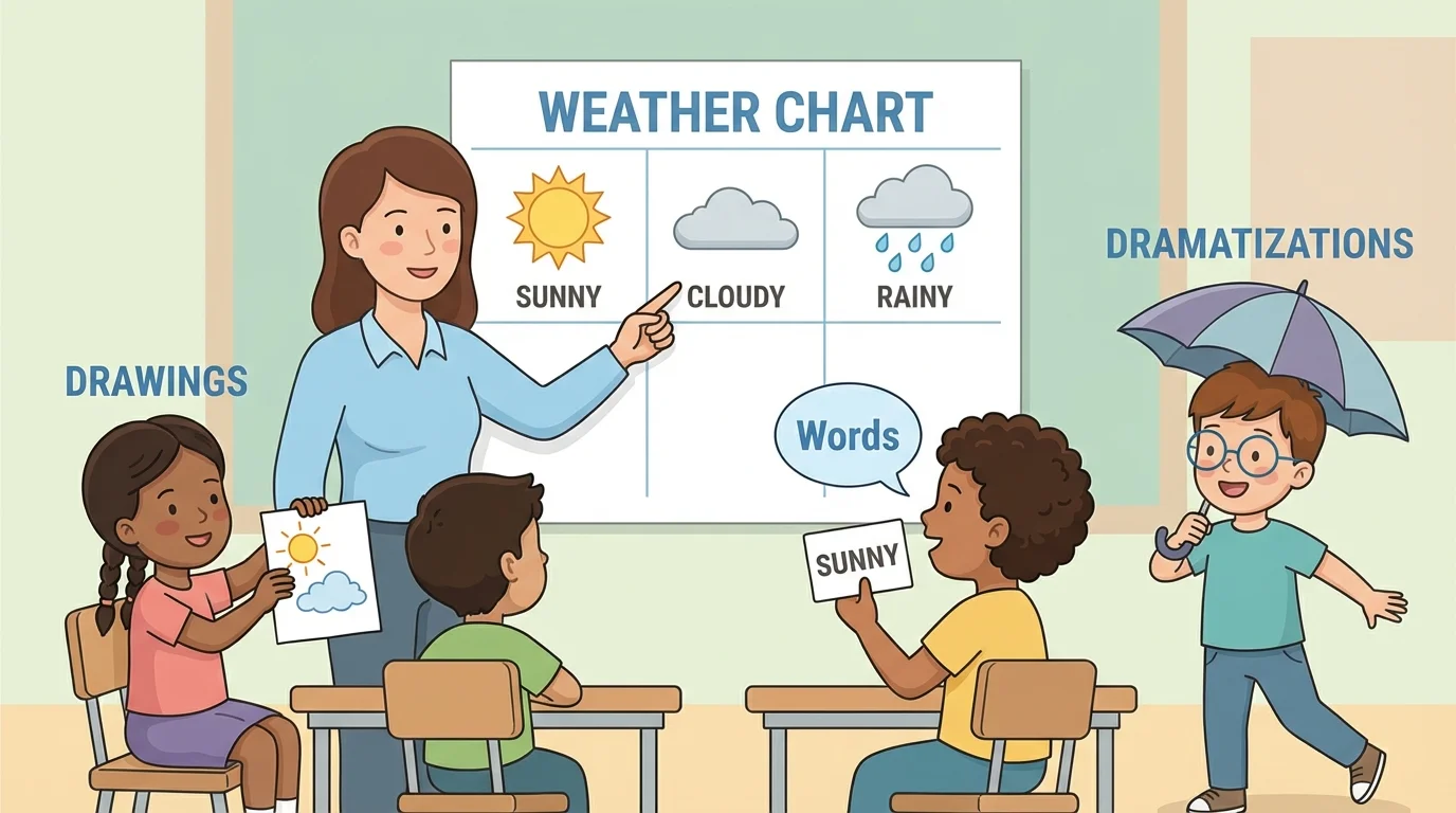 teacher pointing to a weather chart with sun, cloud, and rain symbols while children discuss the day