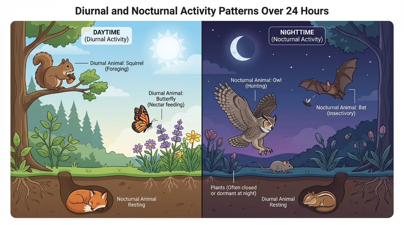 side-by-side illustration with squirrel and butterfly active in daytime, owl and bat active at night