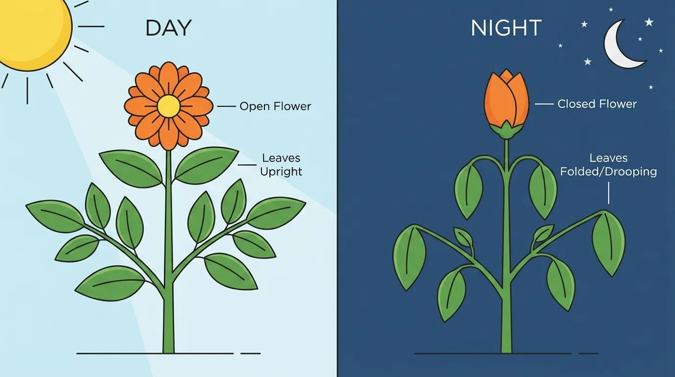 side-by-side plant with open flower in sunlight and closed flower at night, leaves in different positions