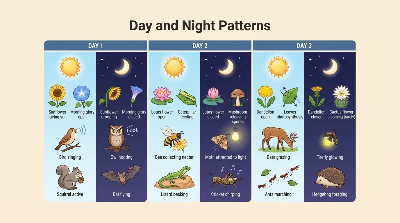 child-friendly chart with several days showing sun and moon icons and notes like bird singing, flower open, owl out