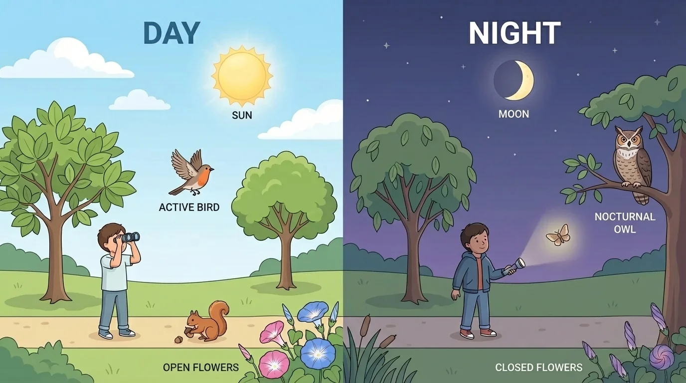 park scene split into day and night with sun, moon, bright sky, dark sky, child observing trees and birds