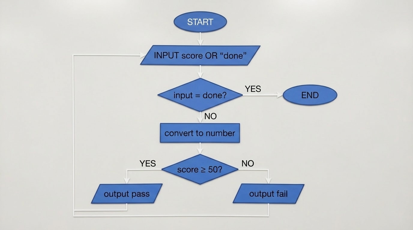 Flowchart with Start → Input score or "done" → Decision diamond "input = done?" with Yes to End, No to "convert to number" → Decision "score ≥ 50?" with Yes to "output pass", No to "output fail", then both looping back to the input step
