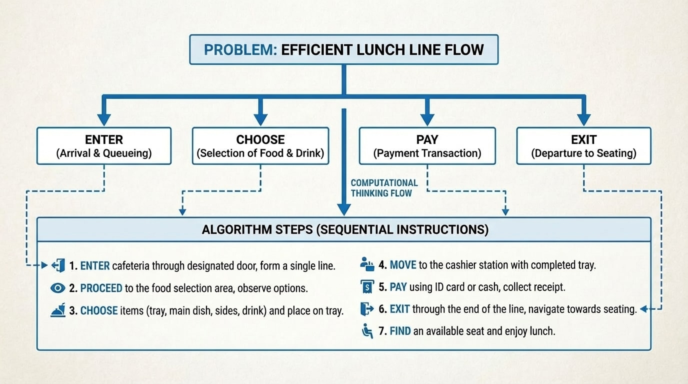 Diagram of the lunch line process, with the main problem at the top, branching into sub-problems (enter, choose, pay, exit), and at the bottom a numbered list of algorithm steps linked back to the sub-problems