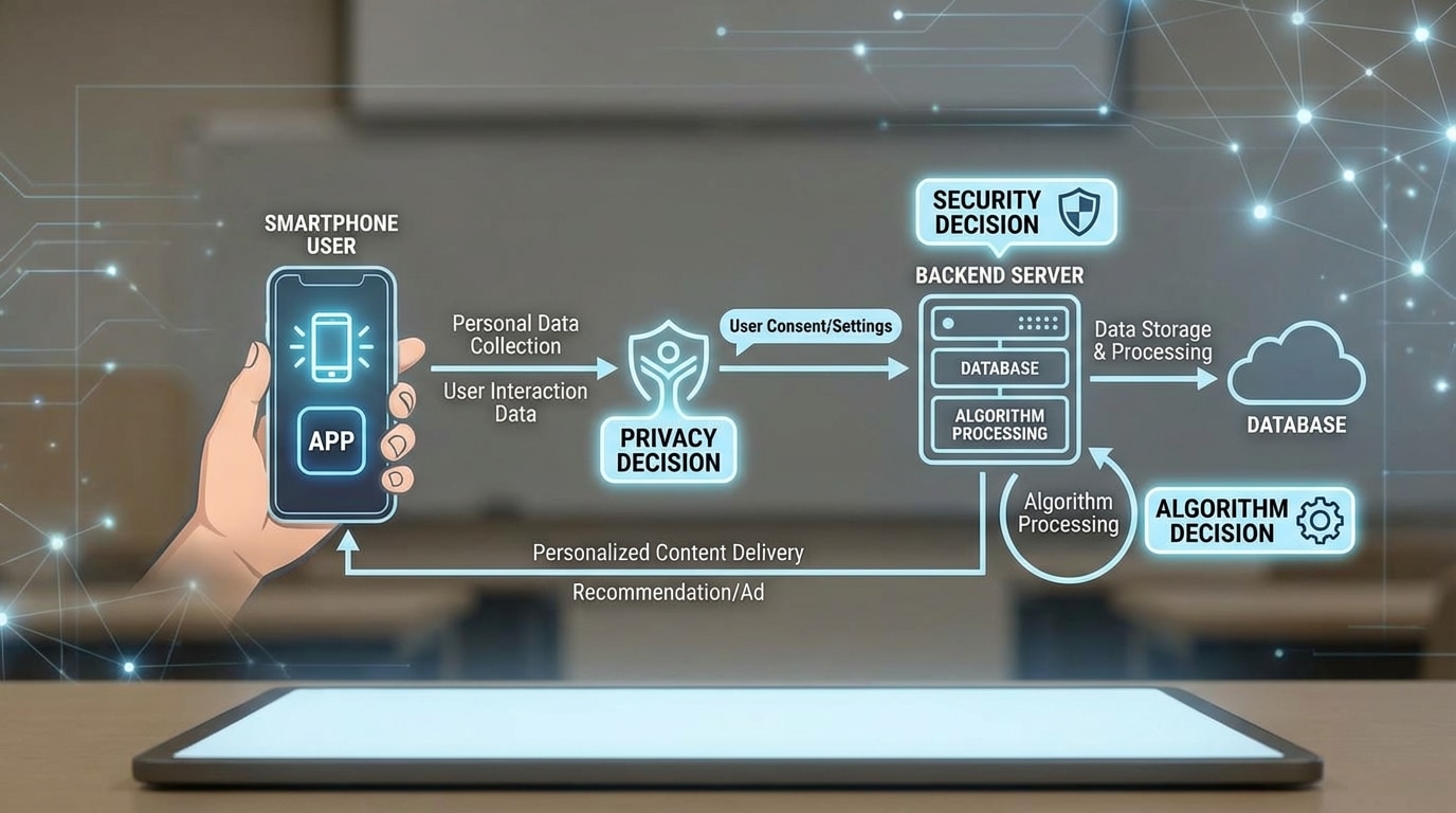 Diagram showing a smartphone user, an app, and a backend server with arrows indicating data being collected on the phone, sent to the server, stored in a database, processed by algorithms, and then used to send personalized content back to the user. Highlight points labeled "privacy decision," "security decision," and "algorithm decision."