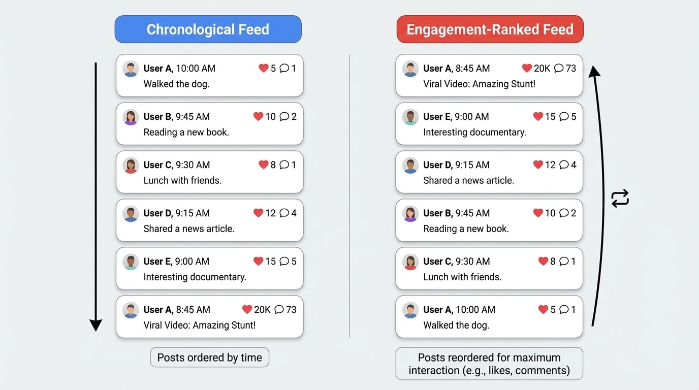 Side-by-side diagram with two timelines of posts from several users. On the left, a chronological feed lists posts strictly by time. On the right, an engagement-optimized feed reorders the same posts with highly engaging, emotional, or controversial posts placed at the top. Include labels like "Chronological" and "Engagement-ranked."