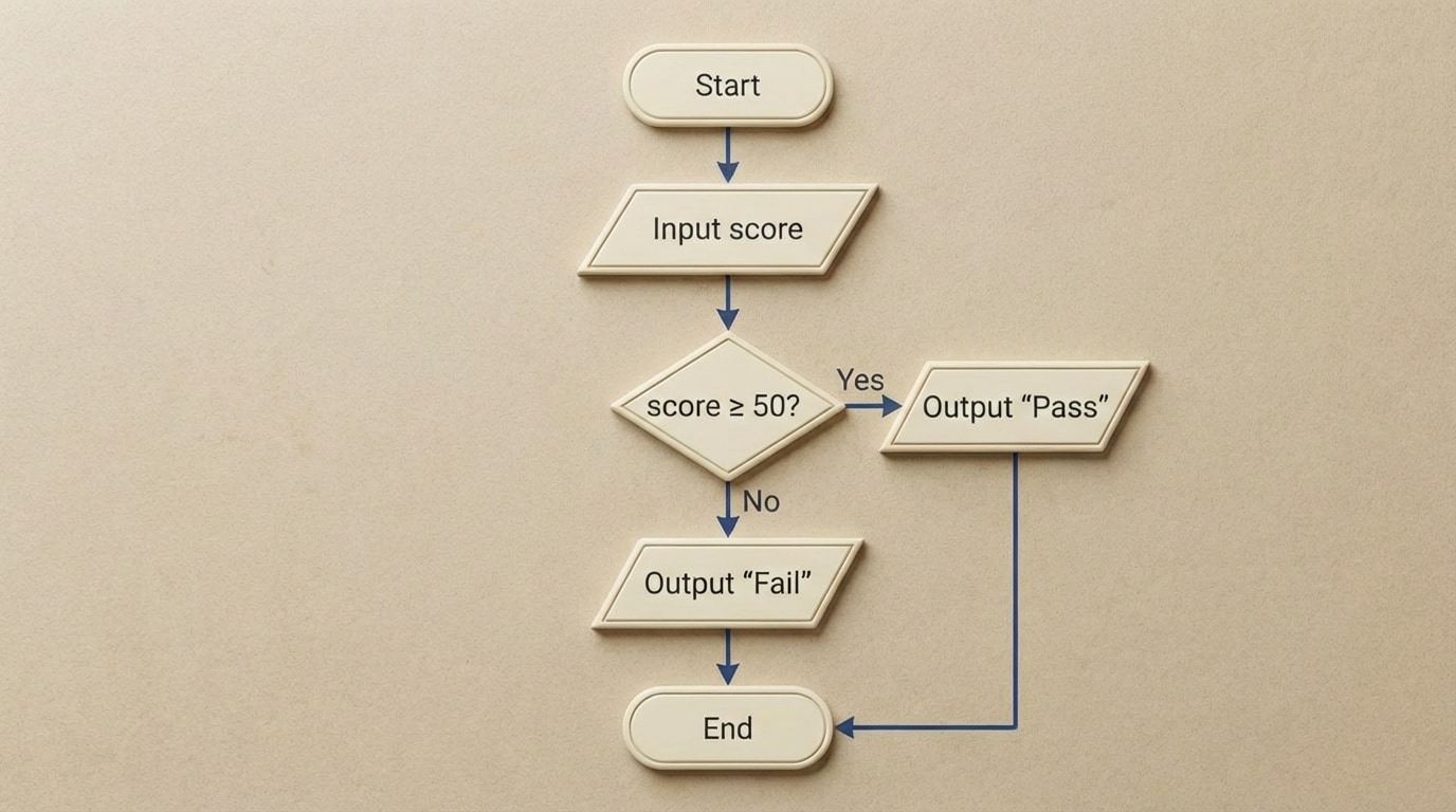 Flowchart of a simple pass/fail grading algorithm with Start, Input score, Decision “score ≥ 50?”, and Output “Pass” or “Fail” leading to End