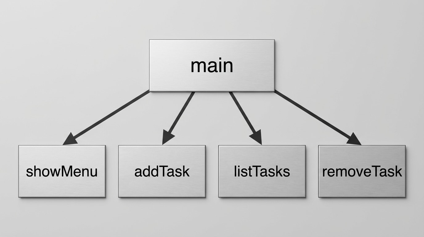 Block diagram showing a main function at the top, with arrows leading to separate boxes labeled showMenu, addTask, listTasks, and removeTask, representing modular program structure