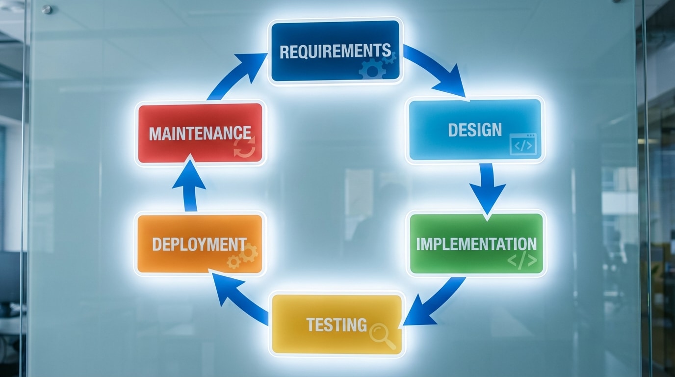 Diagram of the software design and development cycle showing requirements → design → implementation → testing → deployment → maintenance arranged in a loop with arrows connecting them