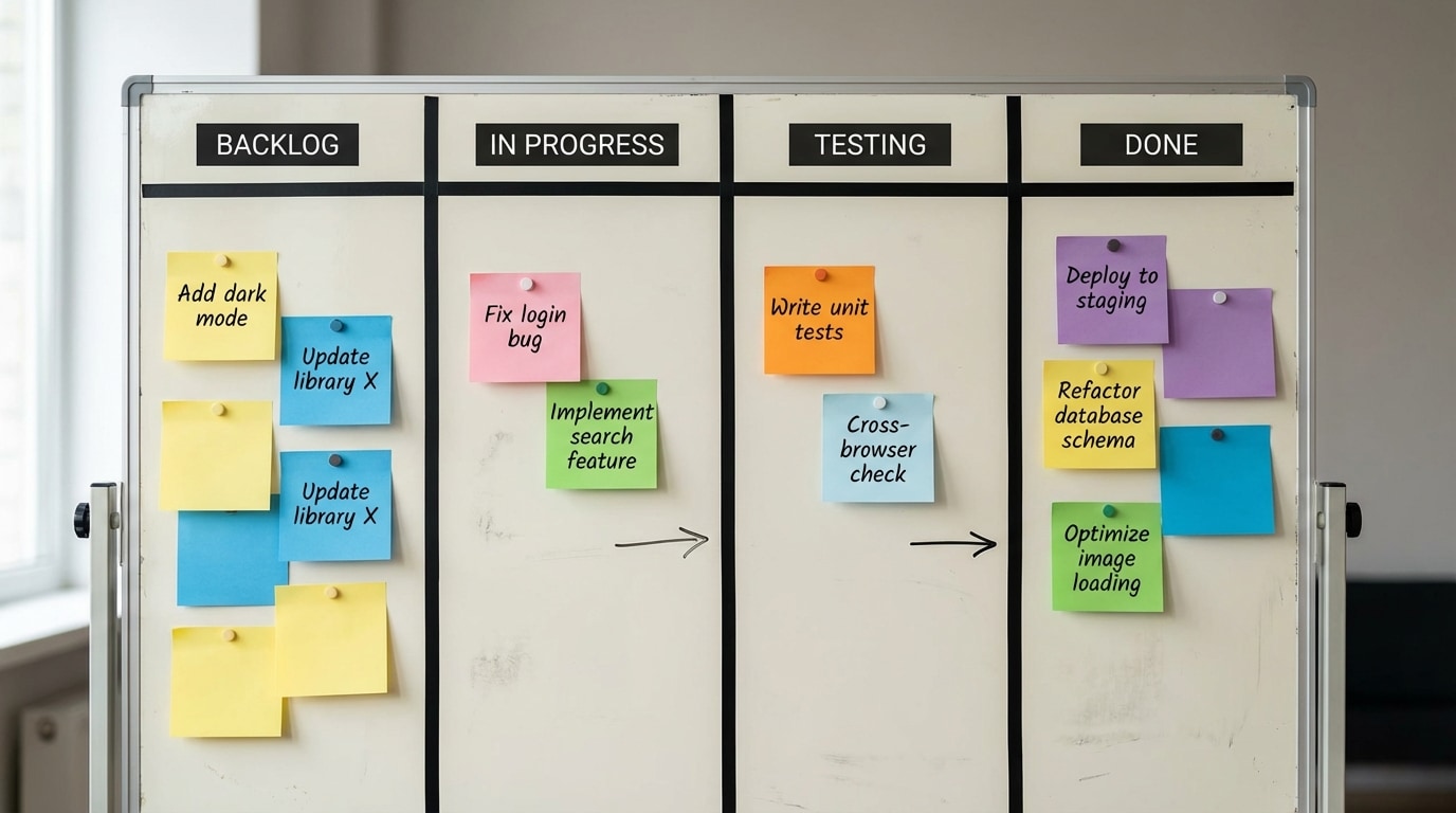Kanban board with four columns labeled Backlog, In Progress, Testing, Done, and sticky-note style task cards such as 'Fix login bug', 'Add dark mode', 'Write unit tests' moving toward Done