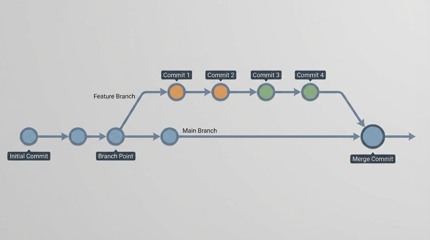 Timeline diagram showing a main branch, a feature branch splitting off with several commits, and then merging back into main with a merge commit