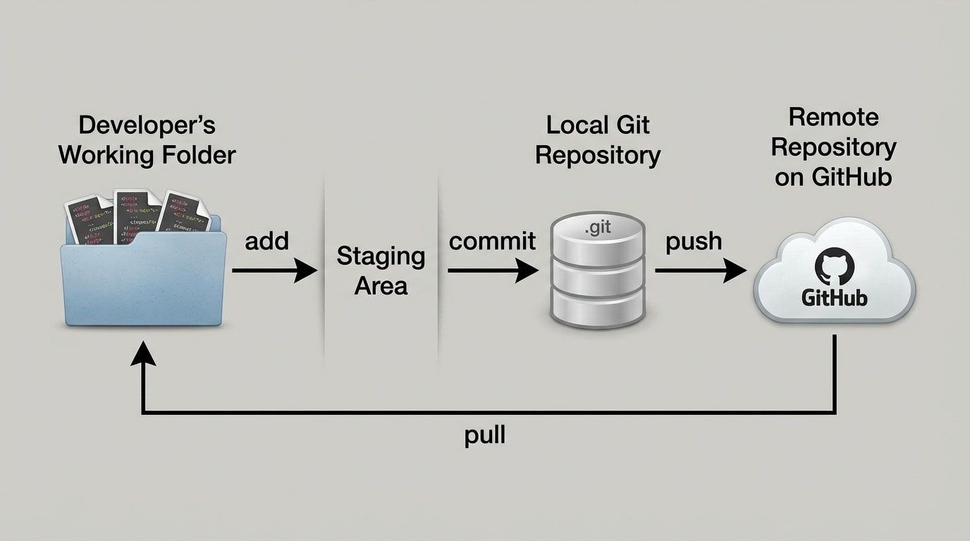 Diagram of a Git workflow showing a developer's working folder, a local Git repository, and a remote repository on GitHub, with arrows labeled 'commit', 'push', and 'pull'