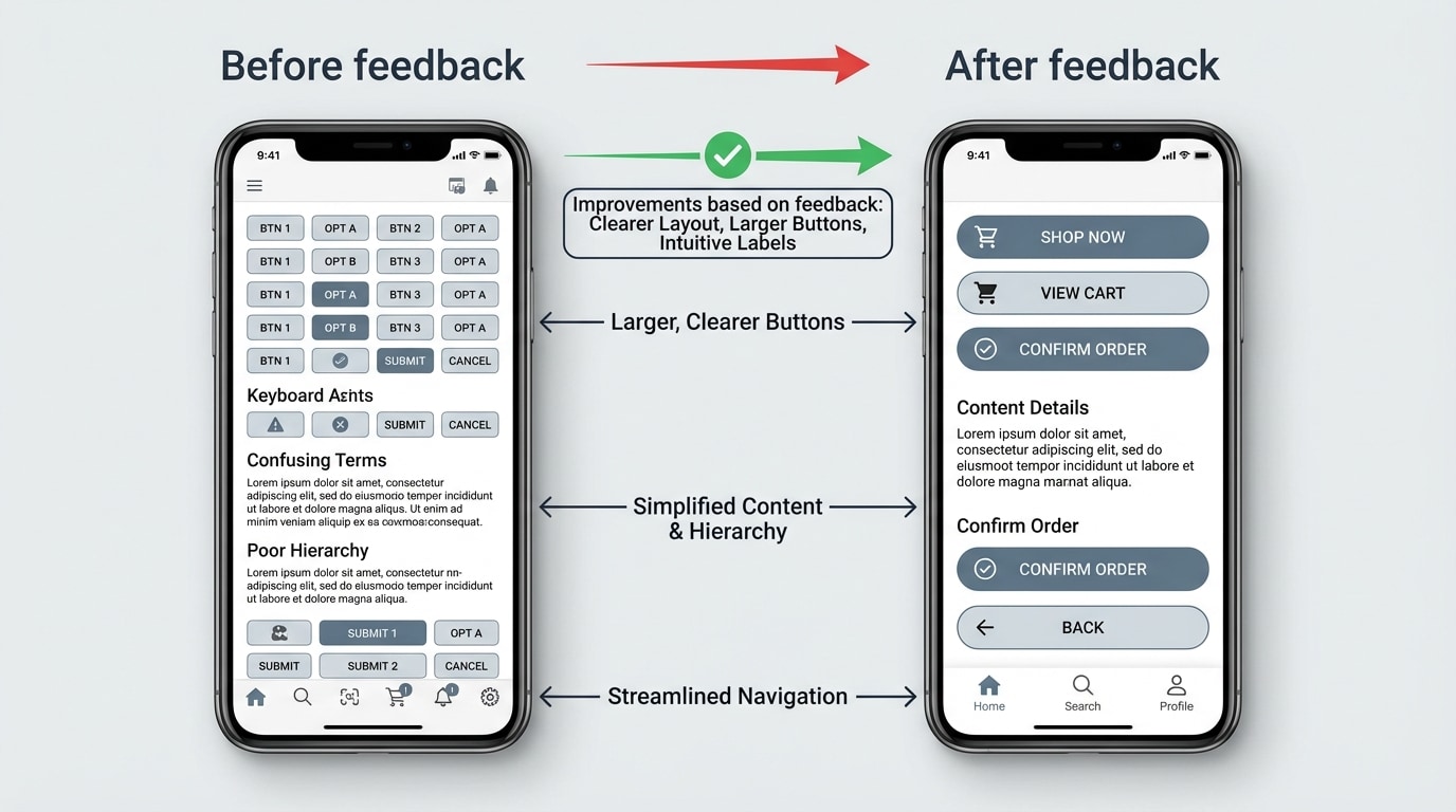 Side-by-side simple mobile app screens labeled “Before feedback” (cluttered, small buttons, unclear labels) and “After feedback” (clean layout, larger buttons, clearer labels), with arrows highlighting the improvements