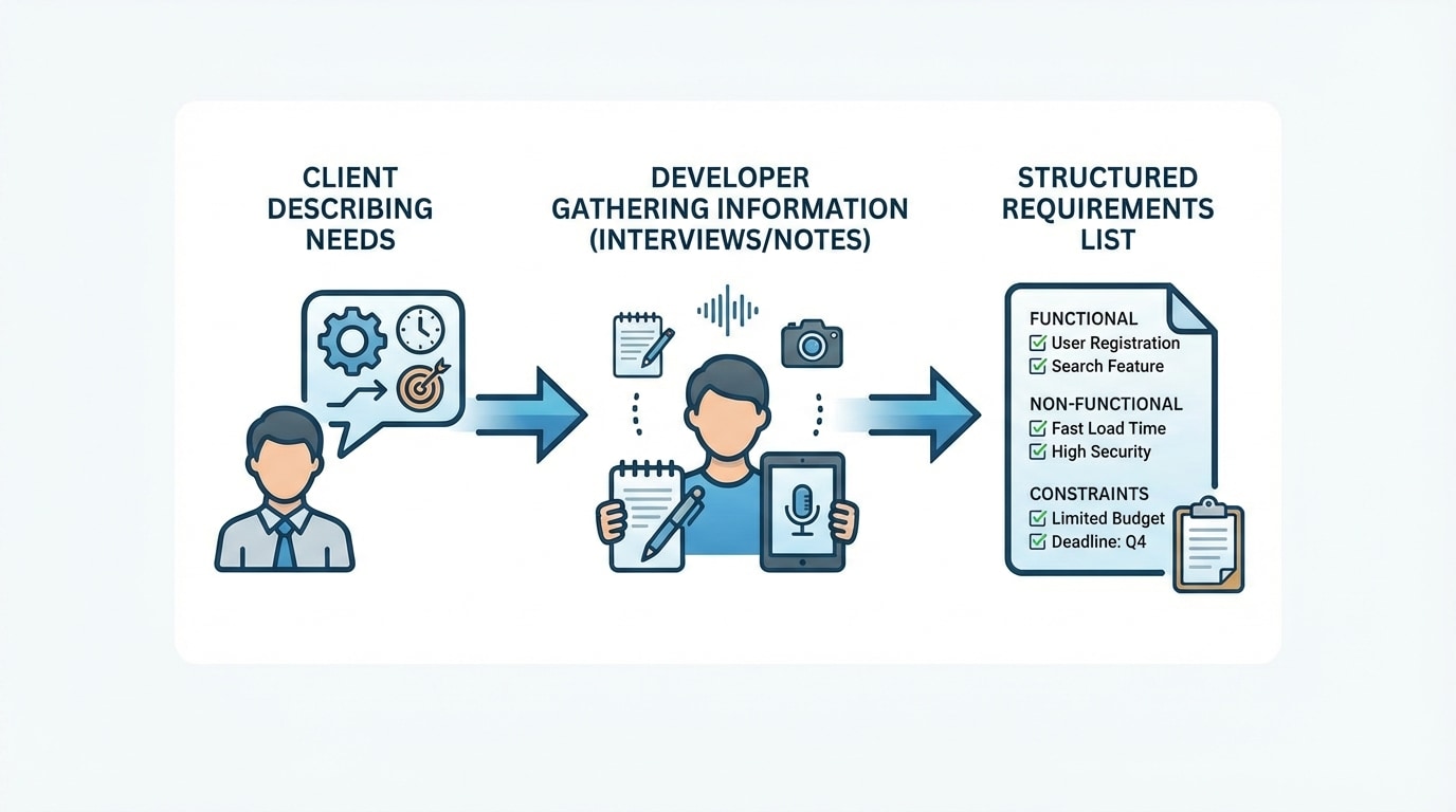 Flow diagram showing a client describing needs, developer gathering information via interviews/notes, and a resulting structured requirements list on the right