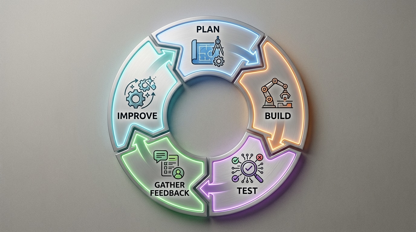 Circular diagram labeled Plan → Build → Test → Gather Feedback → Improve → back to Plan