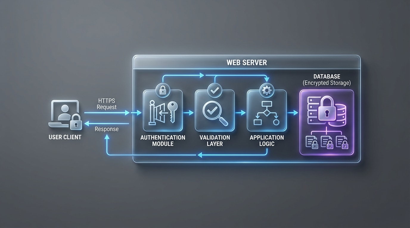 Diagram of a user sending a request via HTTPS to a web server with an authentication module, validation layer, application logic, and database with encrypted storage, arrows showing the flow of data through these components
