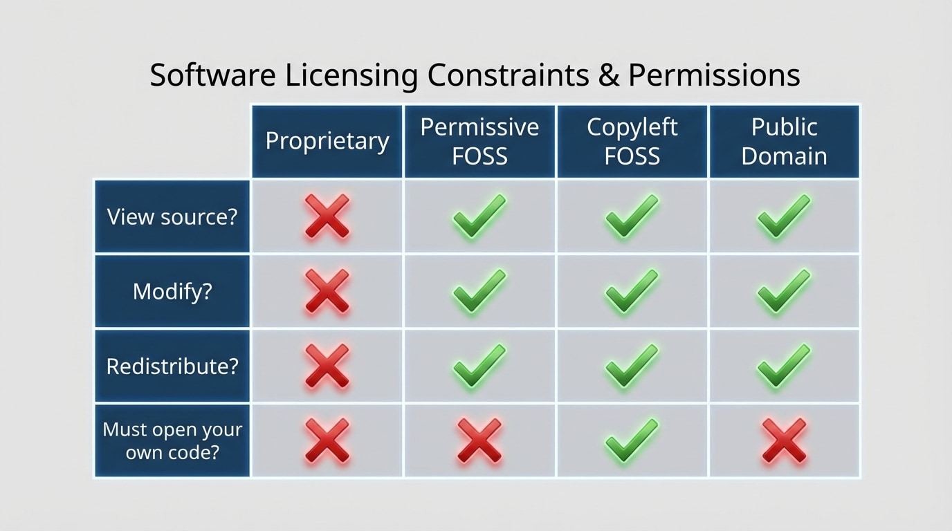 Table-style diagram comparing four columns (Proprietary, Permissive FOSS, Copyleft FOSS, Public Domain) and rows like “View source?”, “Modify?”, “Redistribute?”, “Must open your own code?” with checkmarks and crosses