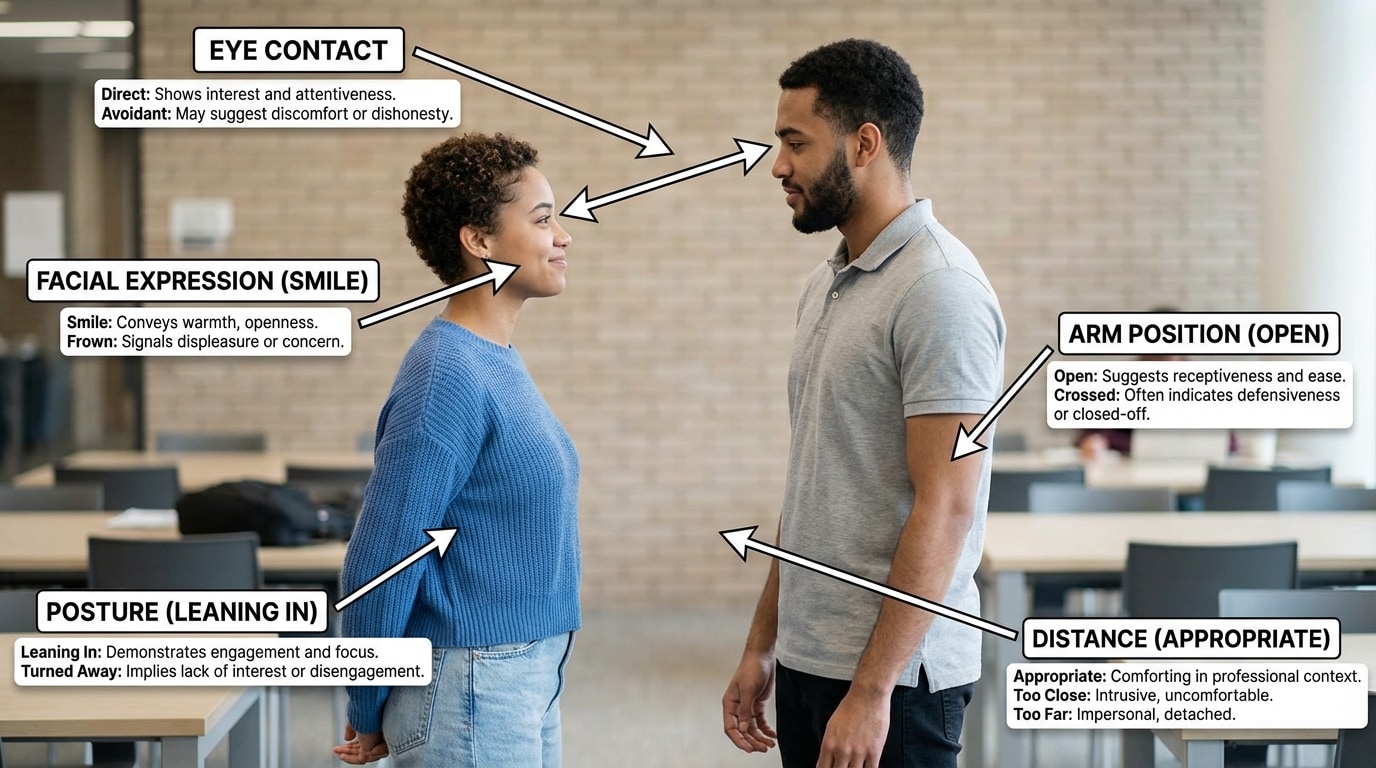 Labeled diagram of two students facing each other. Arrows labeling eye contact, facial expression (smile vs frown), arm position (crossed vs open), posture (leaning in vs turned away), and distance between them, with brief text showing how each cue can be interpreted.