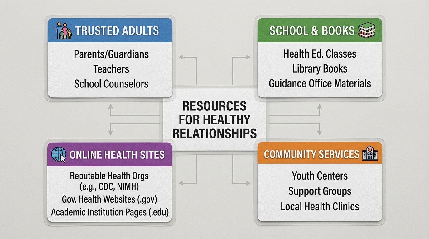 Diagram showing four boxes labeled “Trusted Adults,” “School & Books,” “Online Health Sites,” and “Community Services,” each box listing 2–3 examples of resources students can use for questions about family and peer relationships.
