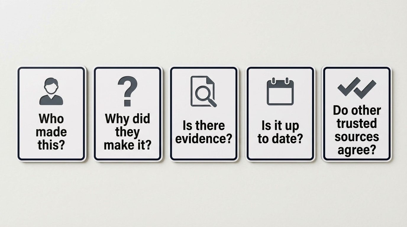 Checklist diagram with five boxes labeled “Who made this?”, “Why did they make it?”, “Is there evidence?”, “Is it up to date?”, and “Do other trusted sources agree?”, with icons next to each (person, question mark, magnifying glass, calendar, checkmarks).