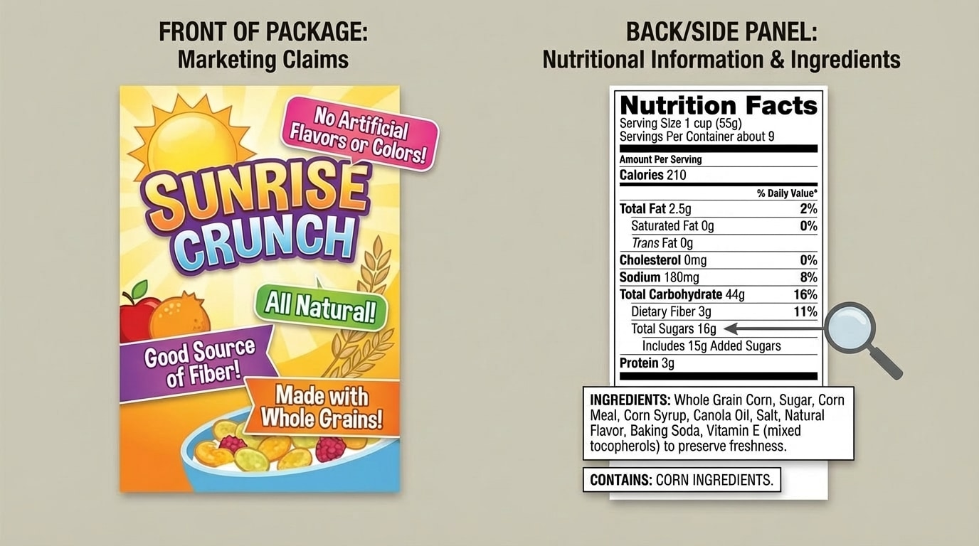 Side-by-side drawing of a cereal box showing a colorful front with claims like "All Natural!" and the back/side with the Nutrition Facts label and ingredients list highlighted.