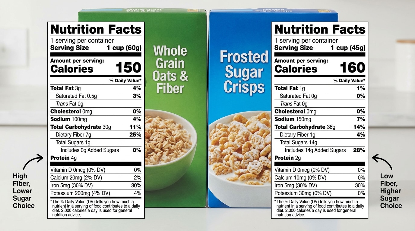 Diagram of two cereal boxes with their nutrition facts labels enlarged, showing serving size, sugar, and fiber content side by side for comparison.
