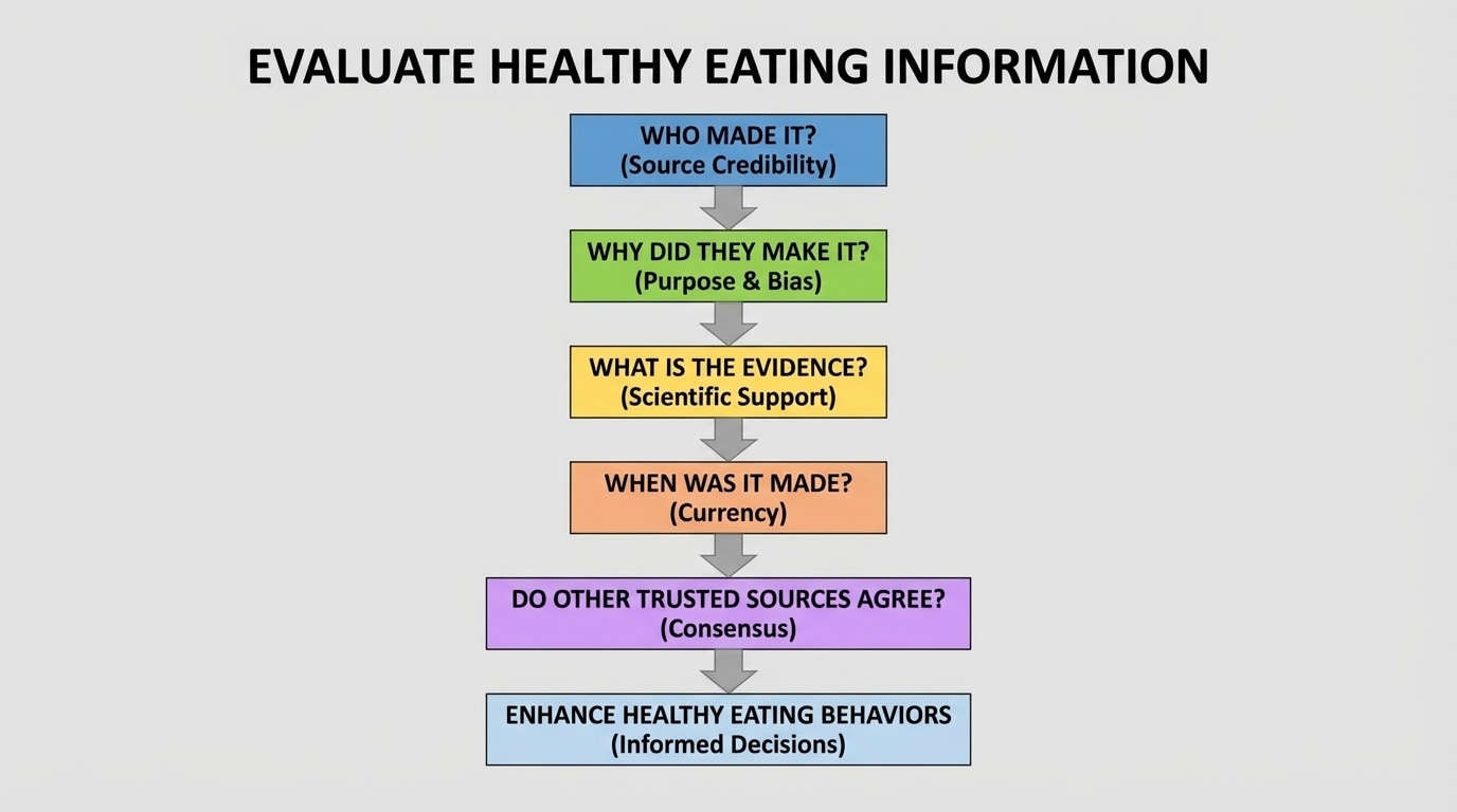 Flowchart with boxes labeled "Who made it?", "Why did they make it?", "What is the evidence?", "When was it made?", "Do other trusted sources agree?" connected with arrows showing a decision path.