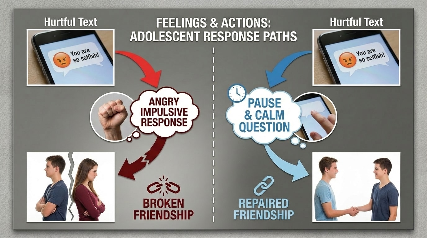 Split diagram comparing two paths: on the left, a hurtful text leading to an angry impulsive response and a broken friendship; on the right, the same text leading to a pause and a calm question, ending with a repaired friendship