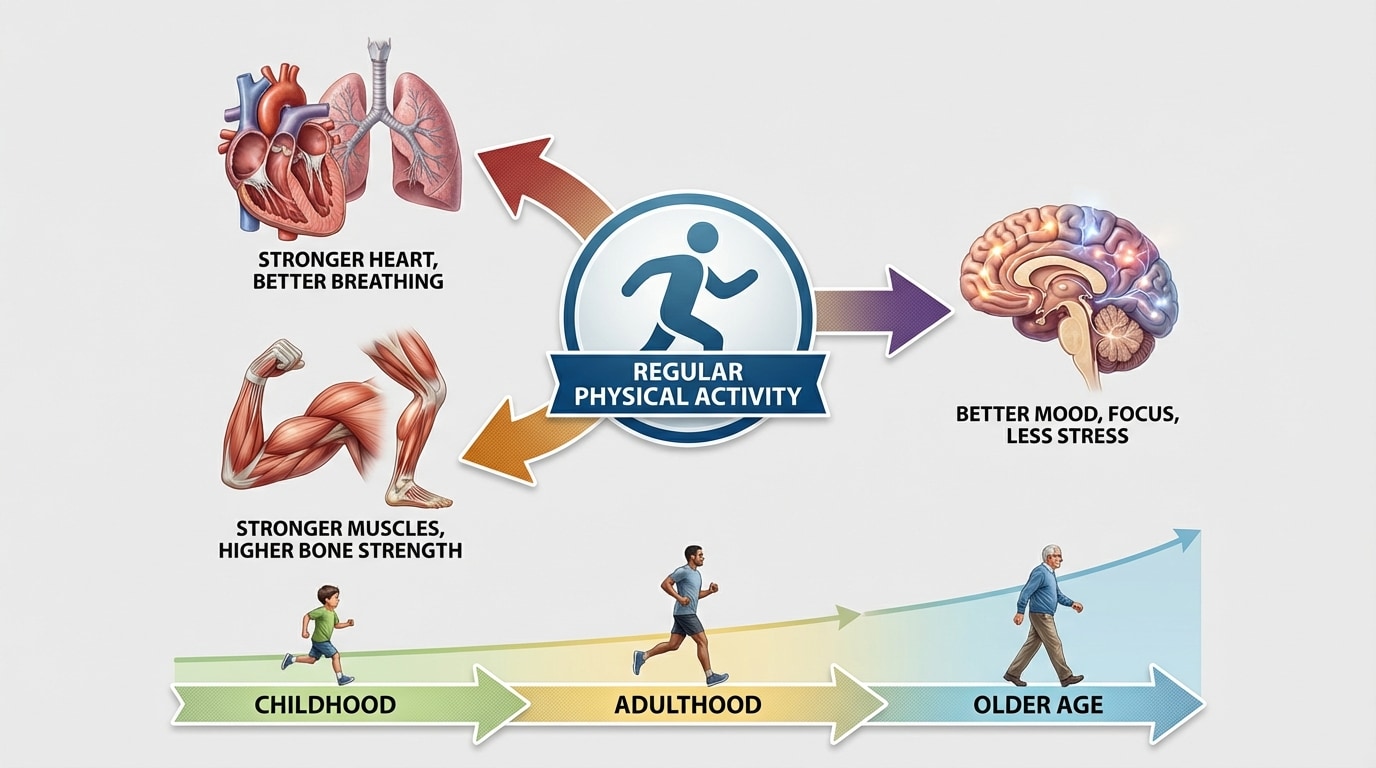 Central icon labeled “Regular Physical Activity” with arrows pointing to three areas: 1) Heart and lungs with benefits like “stronger heart, better breathing,” 2) Muscles and bones with “stronger muscles, higher bone strength,” 3) Brain with “better mood, focus, less stress,” with a timeline arrow suggesting benefits over childhood, adulthood, and older age.