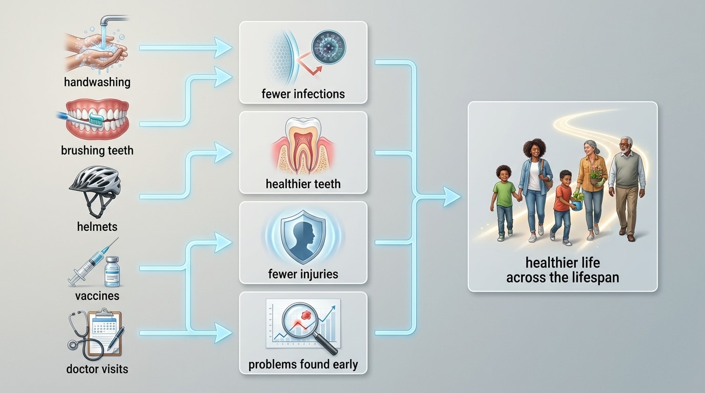 Flow-style chart starting with icons for handwashing, brushing teeth, helmets, vaccines, and doctor visits feeding into boxes labeled “fewer infections,” “healthier teeth,” “fewer injuries,” “problems found early,” which then lead to a final box labeled “healthier life across the lifespan.”