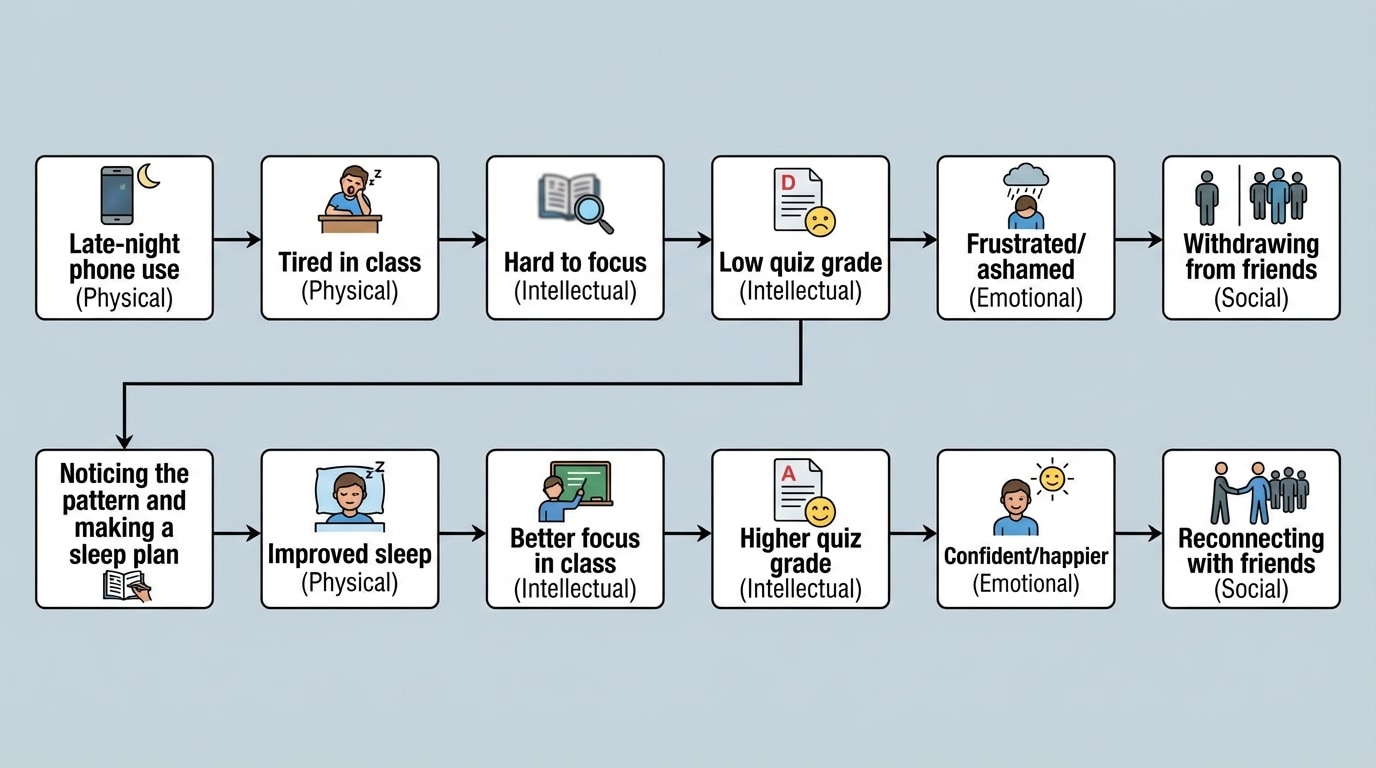 A flowchart showing a student’s day starting with “Late-night phone use (Physical)” leading to “Tired in class (Physical) → Hard to focus (Intellectual) → Low quiz grade (Intellectual) → Frustrated/ashamed (Emotional) → Withdrawing from friends (Social)”. A second path shows an intervention: “Noticing the pattern and making a sleep plan” leading to improved outcomes across all four dimensions.