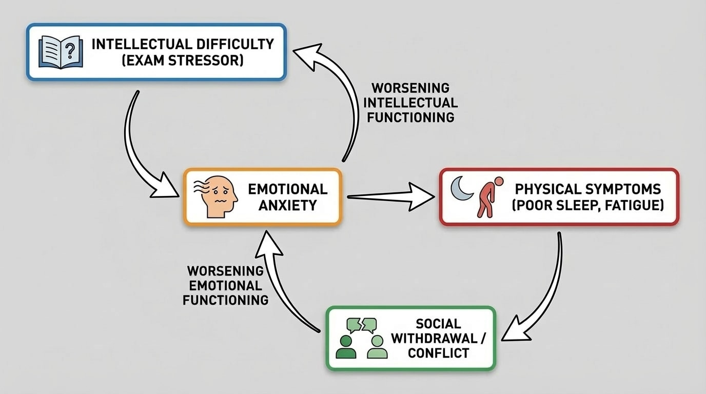 Flowchart showing an exam stressor leading from intellectual difficulty to emotional anxiety, to physical symptoms like poor sleep, to social withdrawal/conflict, and then back to worsening emotional and intellectual functioning
