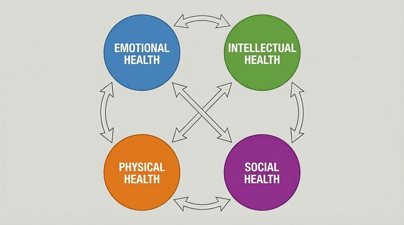 Diagram showing emotional, intellectual, physical, and social health as four labeled circles in a loop, with two-way arrows connecting each circle to the others