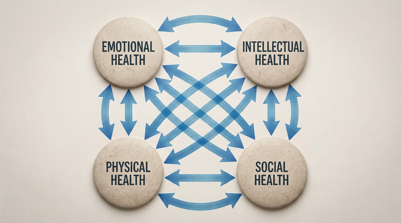 A “wellness web” with four circles labeled Emotional, Intellectual, Physical, and Social Health connected by arrows in all directions, showing each dimension affecting the others.
