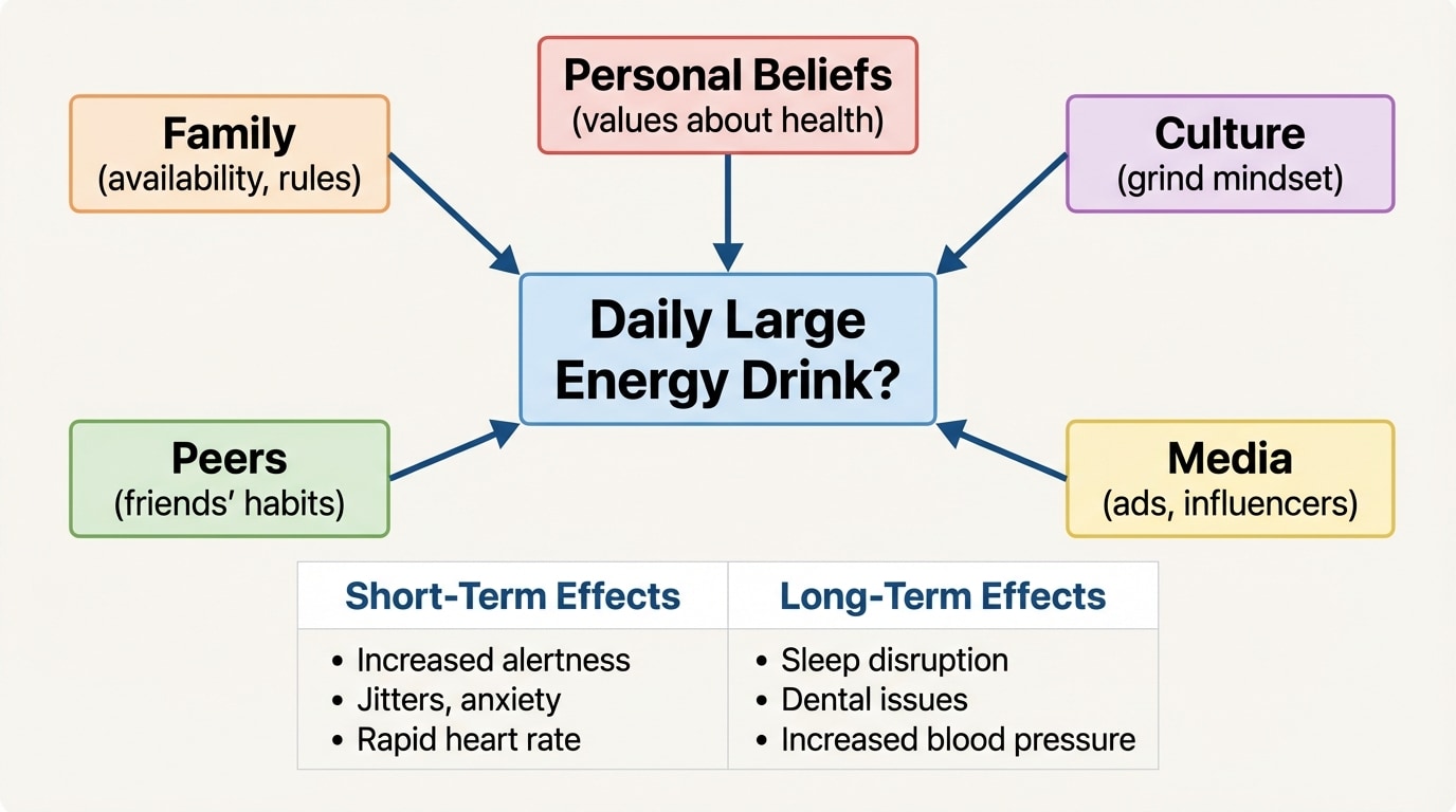 A two-dimensional table or flowchart. The central box is "Daily Large Energy Drink?" Around it are labeled boxes: "Family" (availability, rules), "Culture" (grind mindset), "Media" (ads, influencers), "Peers" (friends' habits), "Personal Beliefs" (values about health). Another section of the diagram shows "Short-Term Effects" vs "Long-Term Effects" in separate columns.