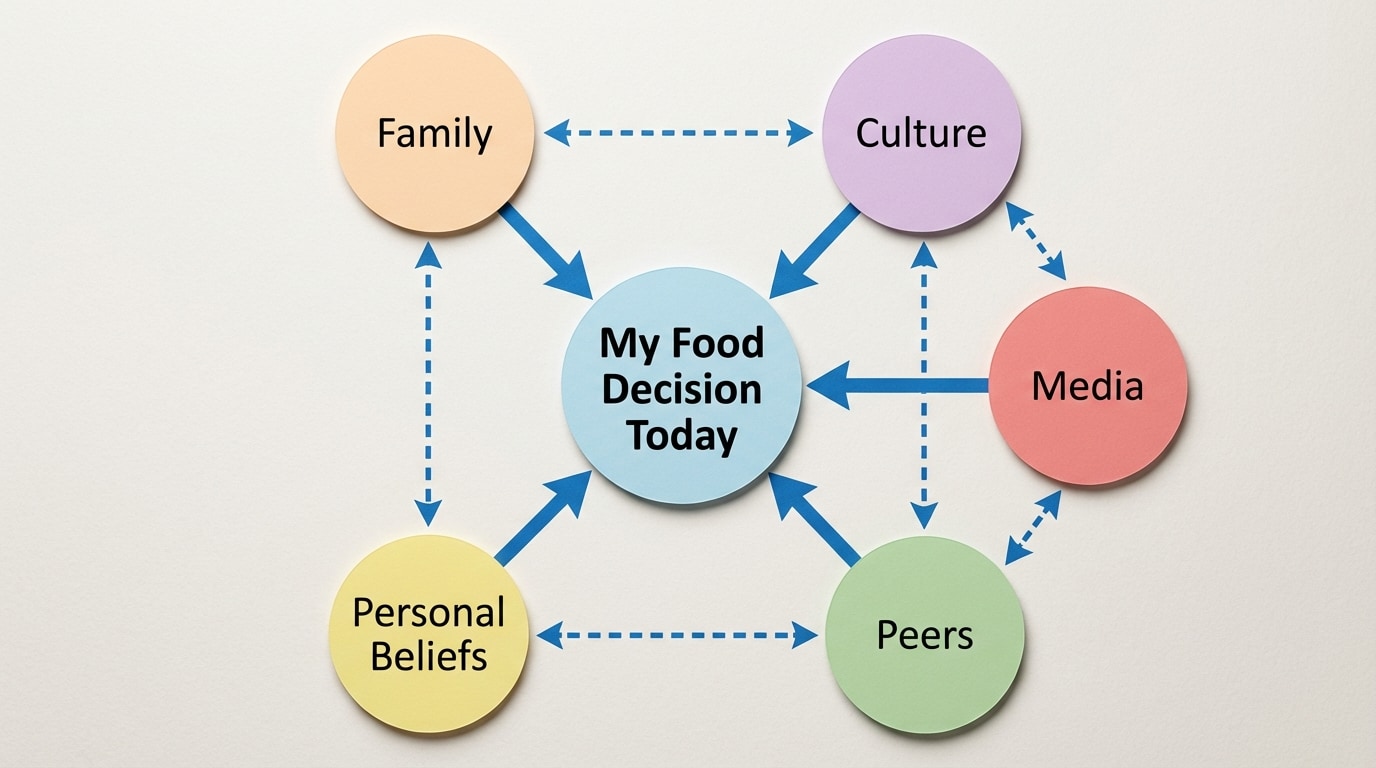 Concept map with a central circle labeled "My Food Decision Today" and five surrounding circles labeled "Family," "Culture," "Media," "Peers," and "Personal Beliefs," with arrows connecting each outer circle to the center and some arrows connecting the outer circles to each other.
