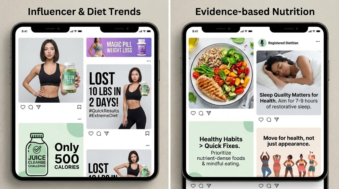 Side-by-side mock smartphone screens showing two different social media feeds; the left has extreme diet ads and edited fitness influencers, the right has balanced meals, diverse body types, and evidence-based nutrition tips.