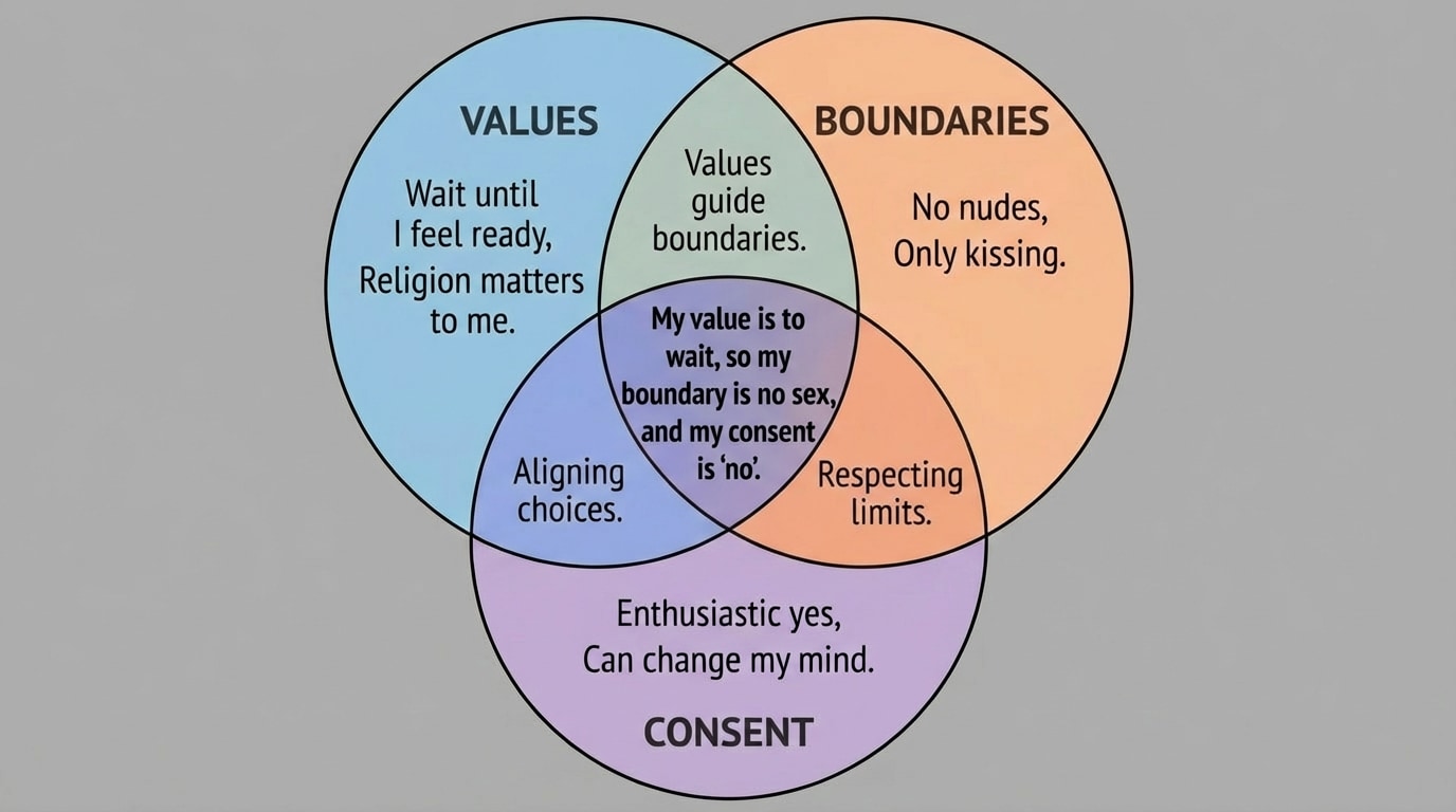 Venn diagram with three overlapping circles labeled “Values,” “Boundaries,” and “Consent.” In “Values,” include examples like “Wait until I feel ready,” “Religion matters to me.” In “Boundaries,” include examples like “No nudes,” “Only kissing.” In “Consent,” include examples like “Enthusiastic yes,” “Can change my mind.” In overlapping areas, show how these interact, such as “My value is to wait, so my boundary is no sex, and my consent is ‘no’.”