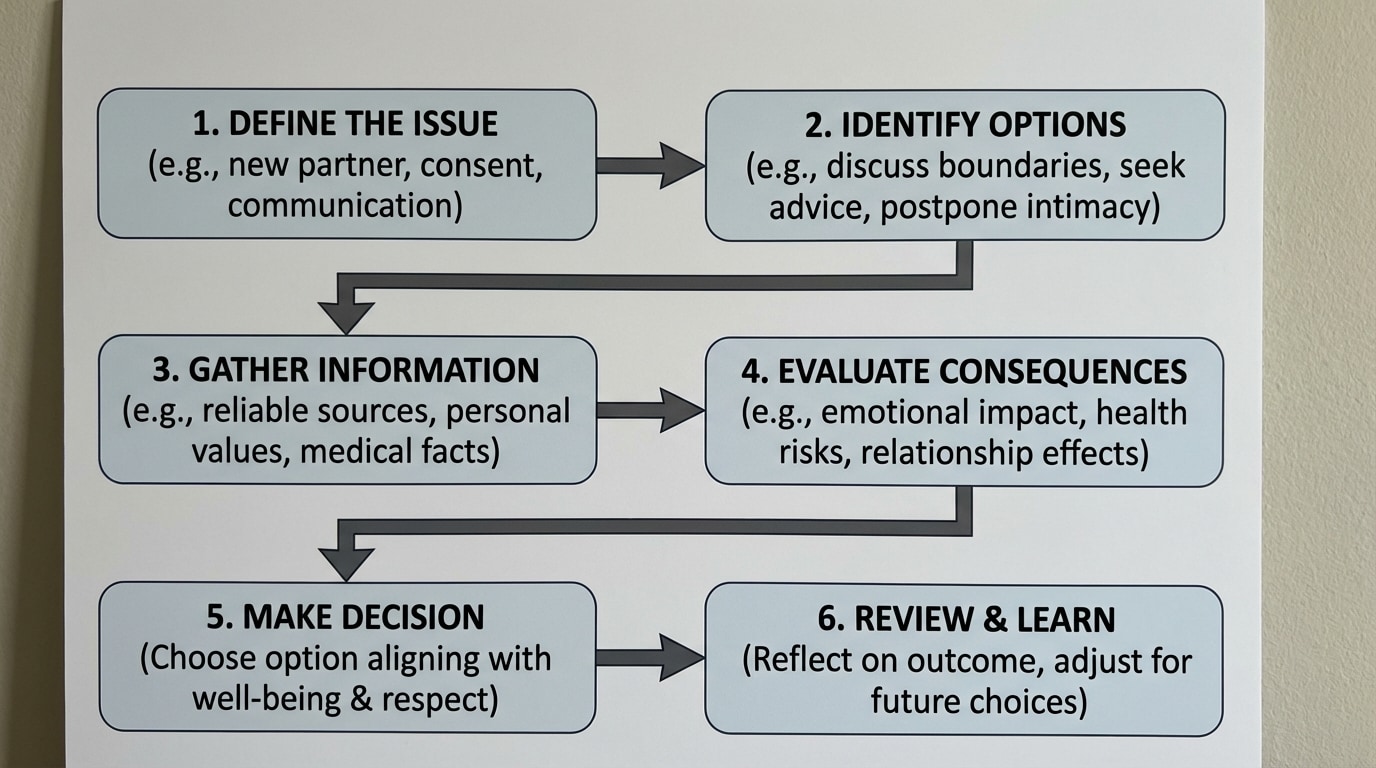 Flowchart of the 6-step decision-making process for healthy relationship and sexual health choices, with arrows connecting each step in order.