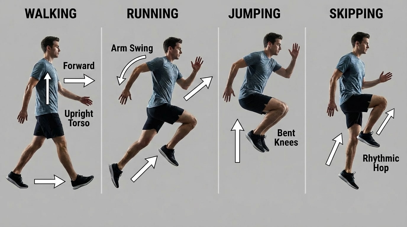 Side-by-side sketches of a student walking, running, jumping, and skipping, with arrows showing directions and posture cues like upright torso, bent knees, and arm swing.