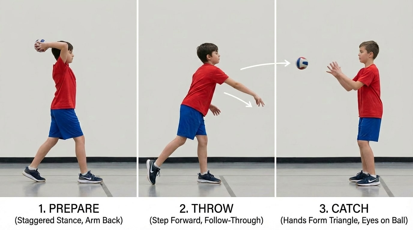 Sequence of three frames showing a student performing an overhand throw toward a partner who is catching: side view with staggered stance, arm back, step forward, follow-through, and hands forming a triangle to catch.